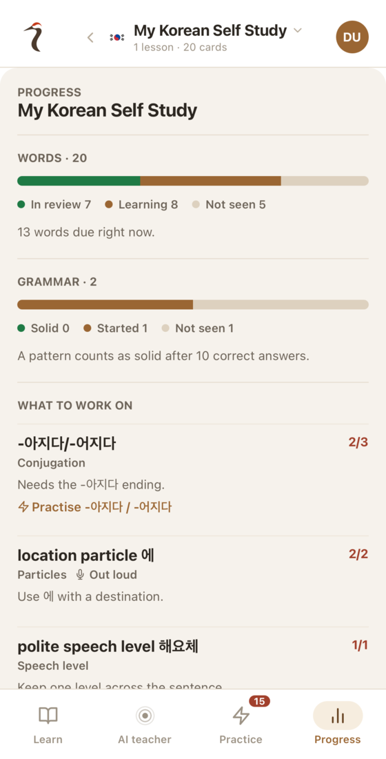 The progress page: words split into in review, learning and not seen, grammar patterns with how solid each is, and a list of what keeps catching the learner out.